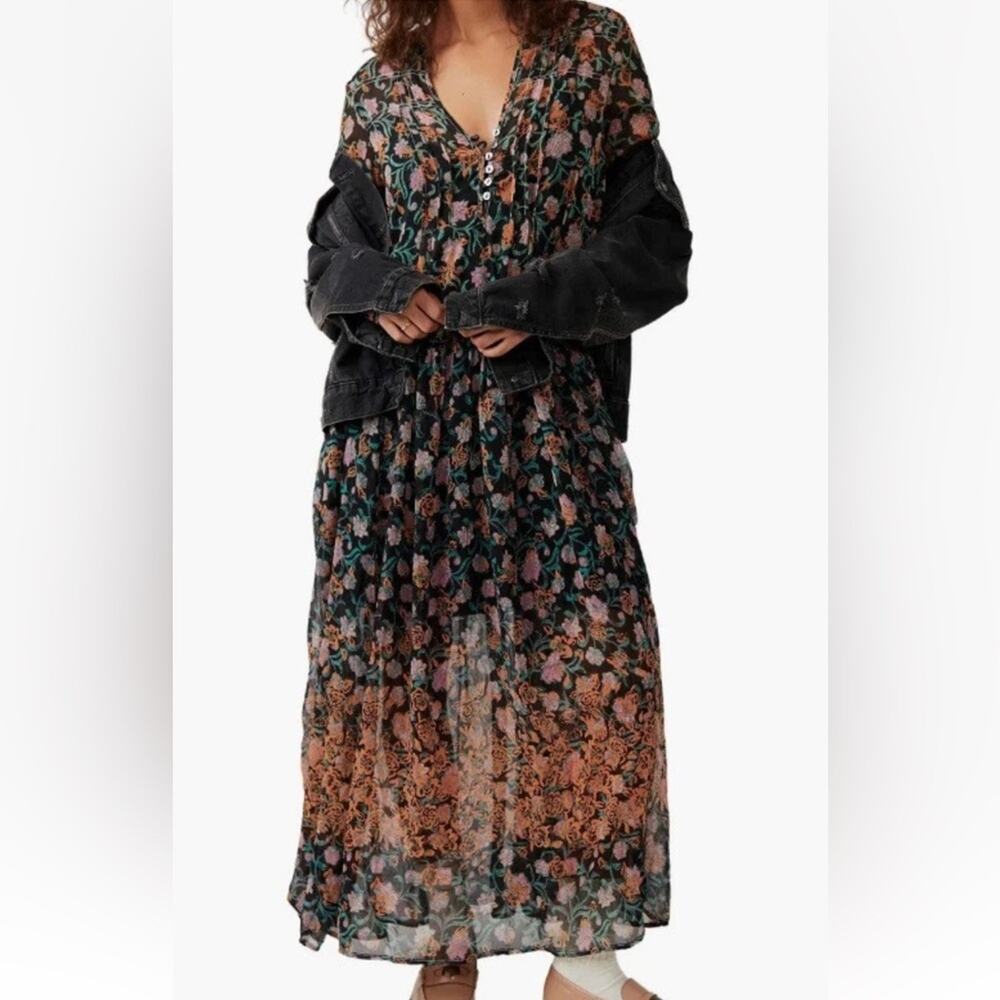 NWT Free People See It Through floral semi sheer maxi dress, Black Combo